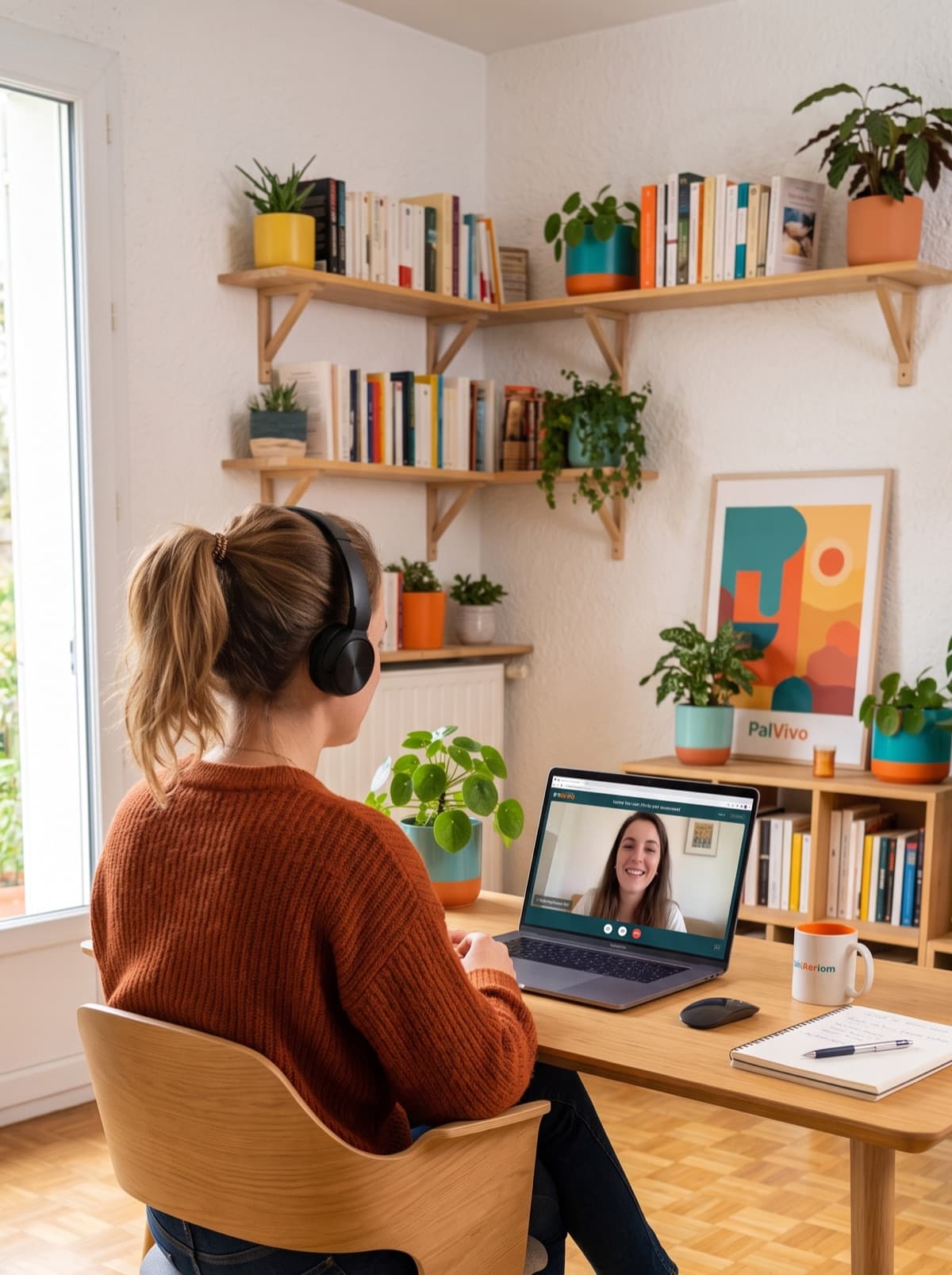 Someone on a video call with their language partner from a sunlit home desk